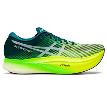 Imagem de ASICS Tênis de corrida unissex METASPEED Sky+, Pinho veludo/amarelo de segurança, 45