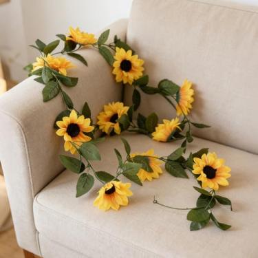 Imagem de Girassóis artificiais de 1,8 m – Buquê de girassol de seda realista com pétalas amarelas, folhas verdes e hastes flexíveis para festa de casamento em casa