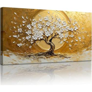 Imagem de RZIGERNO 3 peças de arte de parede em tela árvore da vida ouro branco floral impressão árvore da sorte árvore do dinheiro pintura emoldurada arte 40,6 x 61 centímetros decoração de parede abstrata