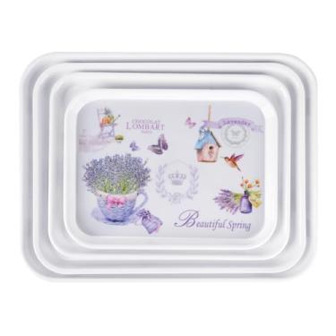 Imagem de Conjunto de 4 bandejas de melamina para servir – Prato retangular empilhável de frutas para café da manhã com estampa floral para decoração de festa de presente, restaurante doméstico (lavanda)