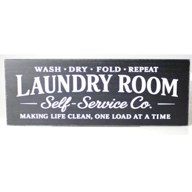 Imagem de Ovimyne Placa de decoração de lavanderia de madeira rústica casa de fazenda família lavanderia placa de parede lavar a seco dobrar repetir decoração de parede para casa, 40 x 15 cm