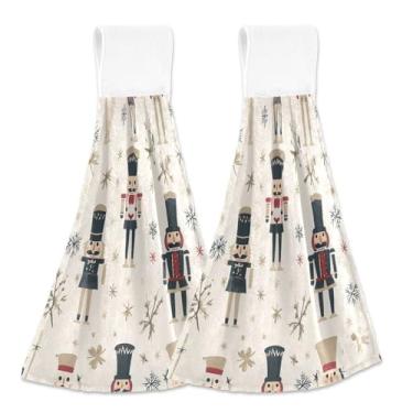 Imagem de Blueangle 2 peças de Natal quebra-nozes personagens pendurados toalhas de gravata toalha de mão toalha de mão absorvente de veludo coral macio pano para cozinha banheiro (571)