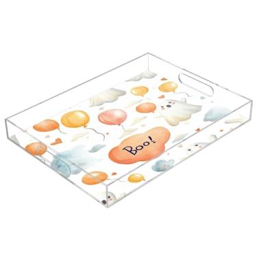 Imagem de xigua Bandeja de servir de acrílico fantasma de Halloween com alças à prova de derramamento, bandejas decorativas de festa de Halloween, bandeja organizadora de bancada para banheiro, cozinha, 30,5 x