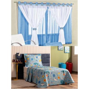 Imagem de Cortina Juvenil Quarto Menino e Colcha Matelada Foguete - Azul - Casa 