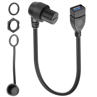 Imagem de QIANRENON Conector de cabo curto USB 3.0 para tipo C rosca de ângulo reto fixo à prova d'água USB 3.0 fêmea para USB C ângulo de 90° fêmea adaptador de montagem no painel frontal 5Gbps 5V/3A, montagem