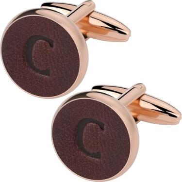 Imagem de Abotoaduras masculinas com iniciais feitas de couro natural e aço inoxidável 316L, abotoaduras de letras personalizadas com caixa de presente para noivo marido pai A-Z ouro rosa TAIGRAMA, Metal, Sem