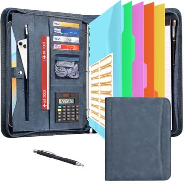 Imagem de Eshow Organizador de portfólio – fichário de 3 anéis com zíper, pasta de couro vegano com bloco de notas, inclui 5 protetores de folhas coloridas para arquivos de documentos para mulheres