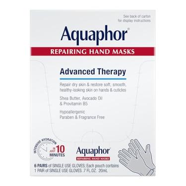 Imagem de Aquaphor Máscaras reparadoras de mão, luvas hidratantes para mãos secas, hidratante para pele seca com óleo de abacate e manteiga de karité, pacote com 6