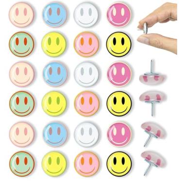 Imagem de 24 peças de pinos decorativos de rosto sorridente, tachas de polegar fofas, tábuas para quadro de avisos, tachinhas de cortiça para decoração de sala de aula, decoração de casa e decoração de