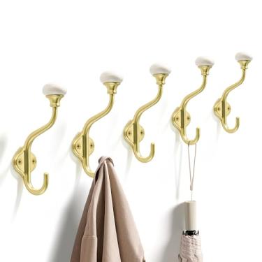 Imagem de TUNNY Ganchos para casaco – Pacote com 5 ganchos de toalha dourados escovados, ganchos decorativos de parede para banheiro, quarto, cozinha, toalha, roupão, roupas, armário, banheiro, ferragens