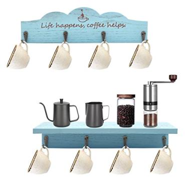 Imagem de Ismosm Suporte para copo de café com ganchos resistentes, acessórios para cafeteria, suporte para canecas para decoração de cozinha de fazenda, decoração de estação de café, organizador de canecas, exibição de caneca (azul)