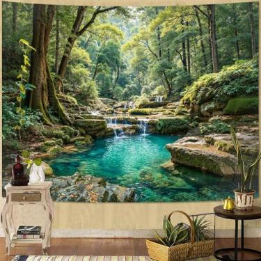 Imagem de Zussun Tapeçaria de floresta natural tapeçaria de parede de árvore verde para quarto estético planta córrego piscina paisagem pequenas tapeçarias pendurar na parede para decoração de dormitório sala