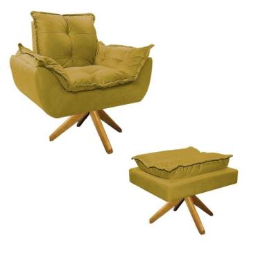 Imagem de Kit Poltrona e Puff Opala Base Giratória de Madeira Suede Amarelo - Do