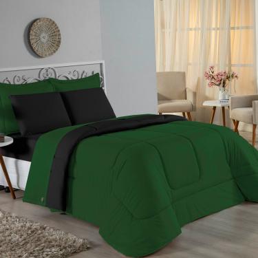 Imagem de Kit Edredom Dupla Face + Jogo De Lençol Casal Viúva Nobre 7 Peças Malha 100% Algodão - Verde-bandeira / Preto