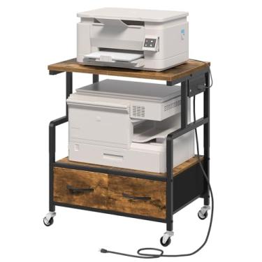 Imagem de YATINEY Suporte de impressora móvel, carrinho de impressora de 3 níveis com gavetas de tecido, mesa de impressora industrial com tomada elétrica e rodas, suporte de impressora rolante para escritório