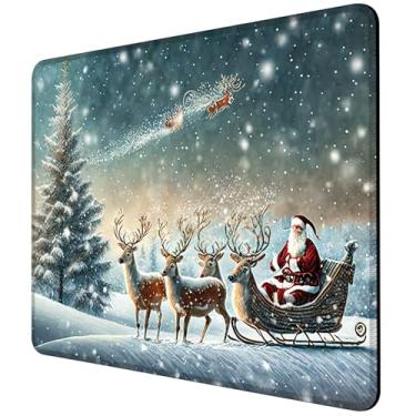 Imagem de Tapete de rato de Natal Feliz Natal Rena Papai Noel na neve quadrado tapete de rato com base de borracha antiderrapante e borda costurada tapete de rato para computador sem fio, laptop, acessórios de