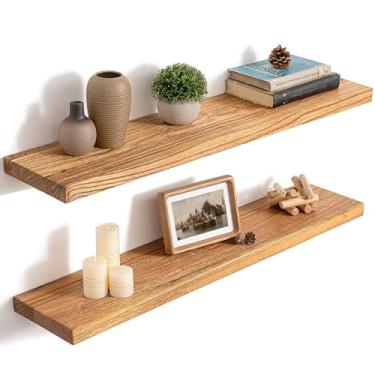 Imagem de Prateleiras flutuantes de 91 cm para parede, prateleiras de madeira maciça de 20 cm D para armazenamento de decoração, prateleiras de parede rústicas com suportes resistentes invisíveis para sala de