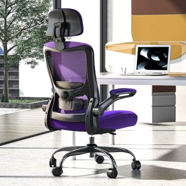 Imagem de Zeonsit Cadeira de escritório ergonômica, cadeira de mesa de malha com encosto alto com suporte lombar ajustável e encosto de cabeça, apoio de braço flip-up, cadeiras de tarefas de computador para