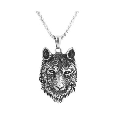 Imagem de Colar Masculino Vintage Com Pingente Cabeça De Lobo Viking Punk Em Aço