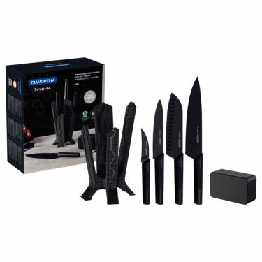 Imagem de Jogo de Facas Tramontina Nygma com Lâmina em Aço Inox e Cabos de Polipropileno Preto com Suporte e Caixa de Som 06 Peças