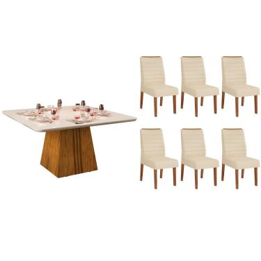 Imagem de Conjunto: Mesa Sala Jantar Itália c/ Tampo Madeirado c/ Vidro Curvo 136x136cm e 6 Cadeiras Ondina Freijo/Off White - Linho Neve - DJ Móveis