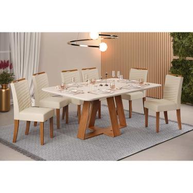 Imagem de Conjunto: Mesa Sala Jantar Celeste c/ Tampo Madeirado c/ Vidro Retangular 160x90cm e 6 Cadeiras Julia Freijo/Off White - Linho Neve - DJ Móveis