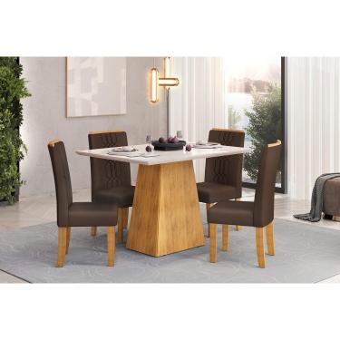 Imagem de Conjunto: Mesa Sala Jantar Dulce c/ Tampo Madeirado c/ Vidro Reto 120x90cm e 4 Cadeiras Zoe Cedro/Off White - Suede Moca - DJ Móveis