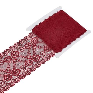Imagem de OLYCRAFT Fita de renda vermelha vinho de 15 cm de largura, tecido elástico com acabamento de fita de renda com padrão floral para decoração de casamento nupcial, costura, faça você mesmo e artesanato