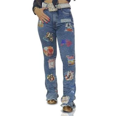 Imagem de Calça Jeans Feminina Azul Marmorizada Western Design Cintura Alta Flar