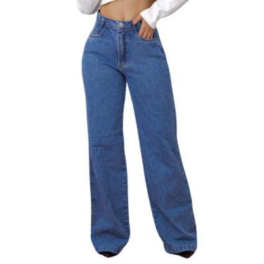 Imagem de Calça jeans wide leg basica cintura alta pantalona feminina - Ninas Bo