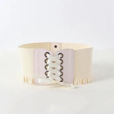 Imagem de Cinto Corset Largo Cintura Alta Couro PU Laço Botão Babado Cor:CremeTa