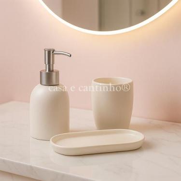 Imagem de Kit 3 Peças Conjunto de Banheiro Dispenser Porta Sabonete Liquido esco