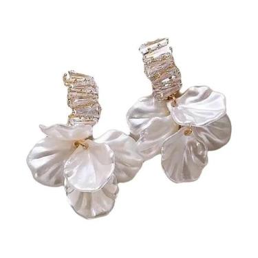 Imagem de Brincos Pendentes De Flor Em Concha De Cristal Branco Imitado, Acessór