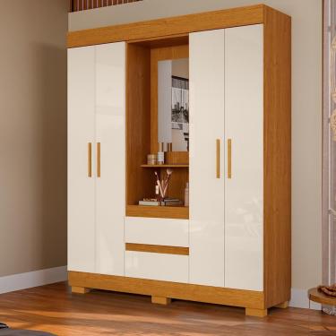 Imagem de Guarda Roupa Casal Portugal 4 Portas 2 Gavetas MDP com Espelho Bege Médio Cinamomo-off White