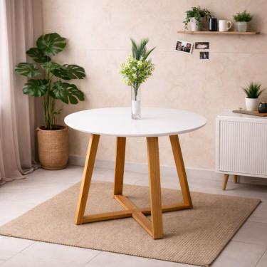 Imagem de Mesa De Jantar Redonda Branca Moderna Livia 90cm Pés Madeira