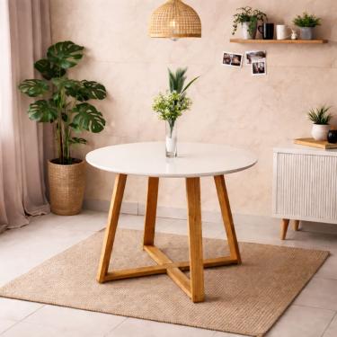 Imagem de Mesa De Jantar Redonda Off White Livia Moderna 90cm Pés Madeira