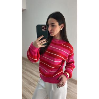 Imagem de Blusa Feminina Básica Listrada Tricot Inverno Cor:Pink/VermelhoTamanho