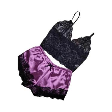 Imagem de Conjunto De Pijamas Sexy De Renda E Seda Para Mulheres, Top Cropped E 