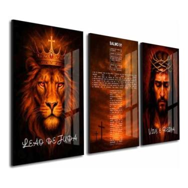 Imagem de Quadro Decorativo Exclusivo Leão De Judá Salmo 91 Cruz Jesus Colorido 