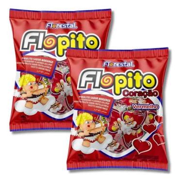 Imagem de Kit 2 Pirulito Coração Vermelho Sabor Morango Flopito Florestal 500G