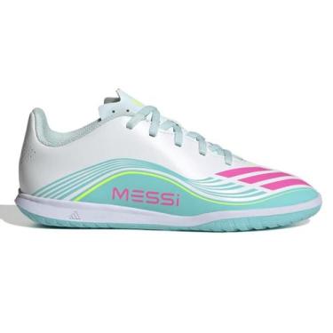 Imagem de Chuteira Futsal Adidas F50 Messi Club Infantil, 32, Branco, Azul turqu