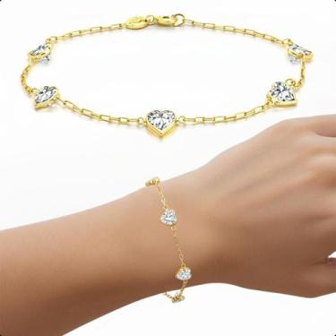 Imagem de Pulseira Feminina Em Ouro 18k Pedras Coração De Zircônia 5mm Branco - 