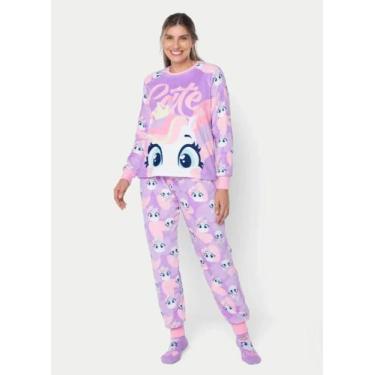 Imagem de Pijama manga longa feminino adulto soft uni diamante puket tamanho:pp,