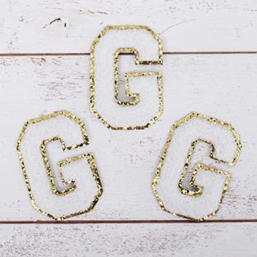 Imagem de Pacote com 3 adesivos de Chenille Iron On Glitter com letra "G" - Tecido de chenille branco com acabamento dourado - Costurar ou passar a ferro - 8 cm de altura