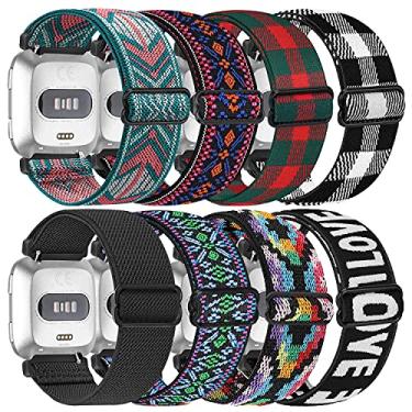 Imagem de Pacote com 8 pulseiras elásticas compatíveis com Fitbit Versa 2/Fitbit Versa para mulheres e homens, pulseiras de substituição de tecido de nylon elástico ajustável com alça solo, pulseiras de substituição