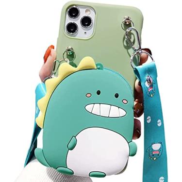 Imagem de SGVAHY Capa carteira para iPhone 14 Pro com cordão transversal zíper gato bonito desenho animado capa para iPhone 3D Kawaii capa protetora de silicone macio à prova de choque para mulheres meninas (dinossauro)