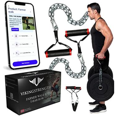 Imagem de Vikingstrength Alças de caminhada de agricultores, equipamento Strongman em par + alças de barra em T anexo de prensa viking + aplicativo de treino V-Strength