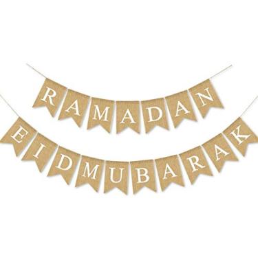 Imagem de SWYOUN Bandeira muçulmana de juta Ramadan Eid Mubarak Suprimentos para decoração de lareira muçulmana