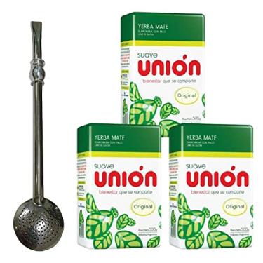 Imagem de Kit 1 Bomba De Chimarrão Inox Sobreno Redondo 23cm 3 Ervas de Chimarrão Union Suave 500g