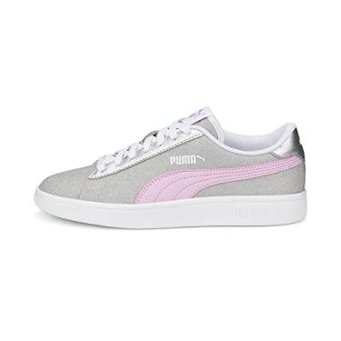 Imagem de PUMA Tênis infantil unissex Smash, Peacoat White, tamanho 34, Glitz Glam prata-lilás Chiffon-branco, 5.5 Big Kid